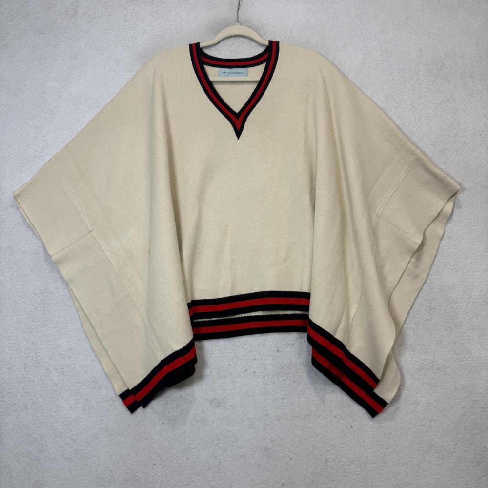 Tuckernuck Sweater Cape Poncho Womens One Size White V Neck Stripe Trim Knit